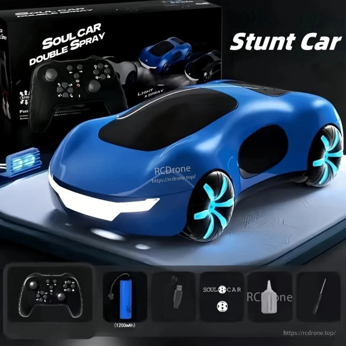 RC Car, Soul Car stunt car features double spray, LED lights, sound effects, 1200mAh battery, 30-minute runtime, 50m range, and reaches 15 km/h.