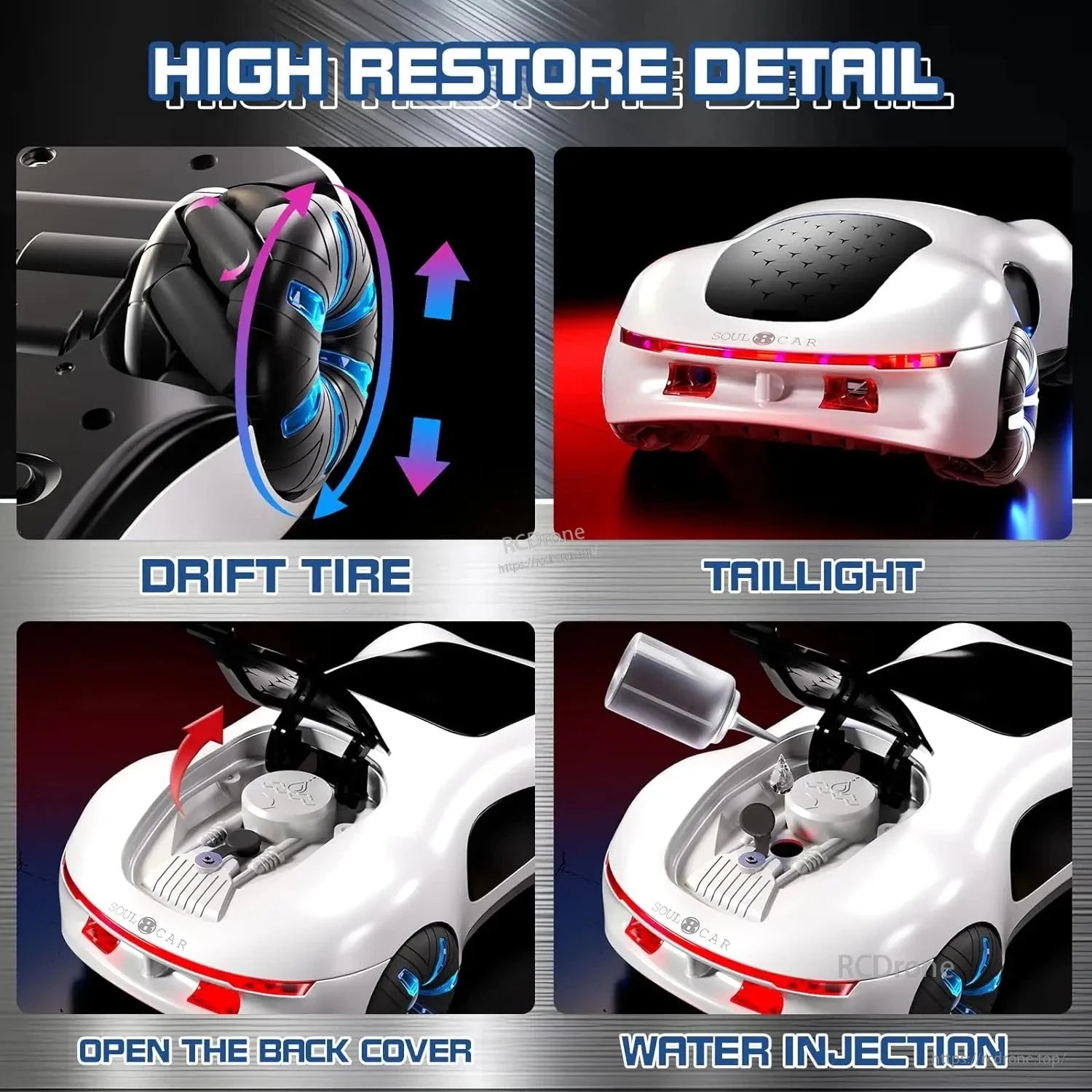 The RC Car Concept Supercar HH1204 features dual spray, LED lights, sound effects, and runs up to 30 minutes on a 3.7V battery.