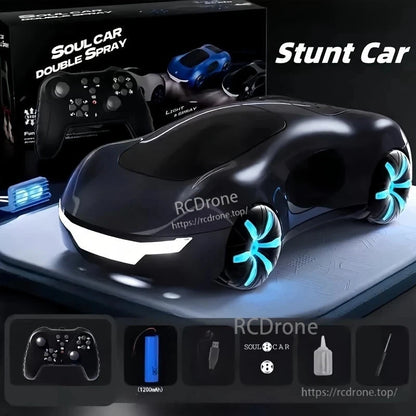 RC Car, Soul Car stunt car features LED lights, sound, 1200mAh battery, 30-minute runtime, 50m range, 15 km/h speed, and remote control.