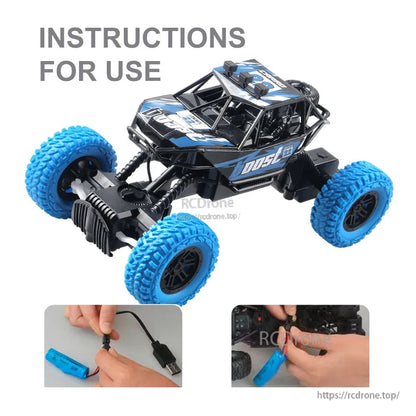 RC Car, Remote-controlled off-road buggy with LED lights, 4-channel remote, and USB-rechargeable battery. Includes operating instructions for assembly, charging, and safe driving.