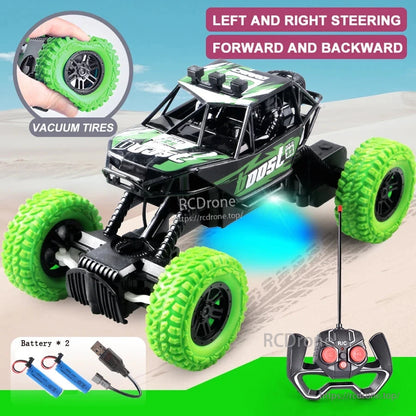 RC Car, Off-road RC buggy with vacuum tires, LED lights, 4-channel remote, USB-rechargeable battery, and forward/backward, left/right control.