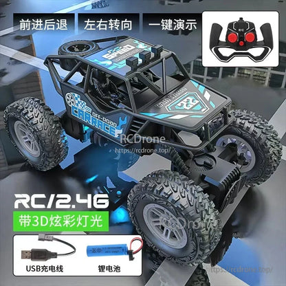 RC Car, Off-road RC buggy with rubber tires, LED lights, 4-channel remote, USB-rechargeable battery, 2.4G frequency, and 3D lighting effects for enhanced night driving experience.
