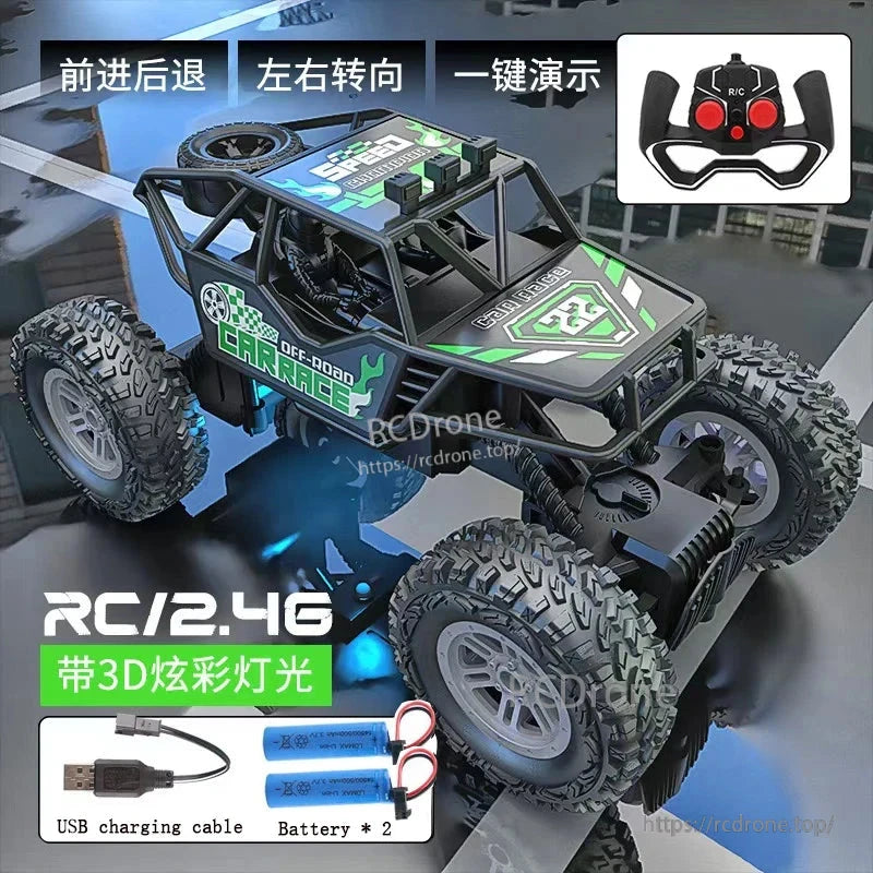 RC Car, Durable RC off-road buggy with LED lights, 4-channel remote, USB-rechargeable battery, forward/reverse, steering control, and one-key demo function for easy operation.