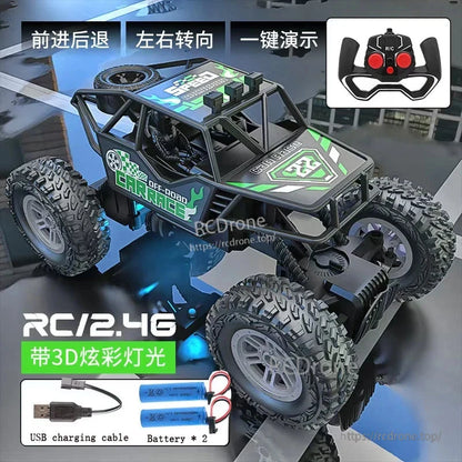 RC Car, Durable RC off-road buggy with LED lights, 4-channel remote, USB-rechargeable battery, forward/reverse, steering control, and one-key demo function for easy operation.