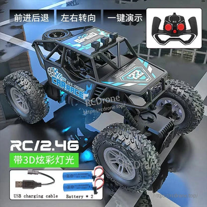 RC Car Off-Road Buggy with rubber tires, LED light, and 4-channel remote control, rechargeable via USB.