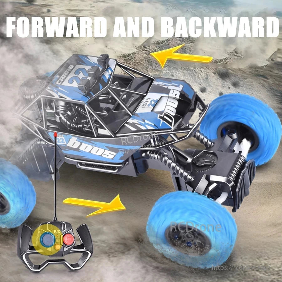 RC Car, Durable RC off-road buggy with rubber tires, LED lights, 4-channel remote control, and USB-rechargeable battery for extended outdoor fun.