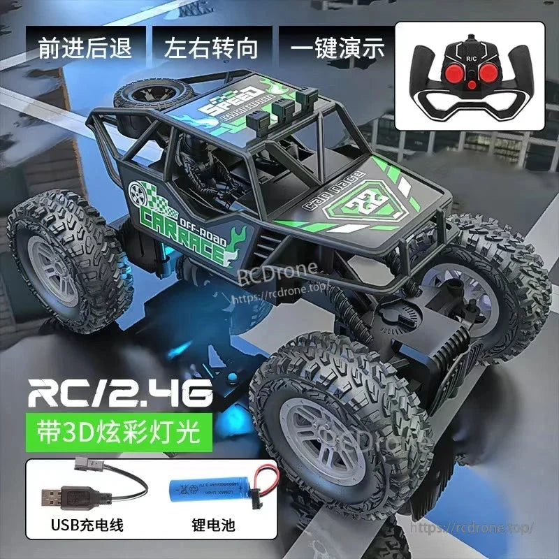 RC Car, Experience thrilling off-road adventures with this RC car buggy featuring rubber tires and LED light for traction and visibility.