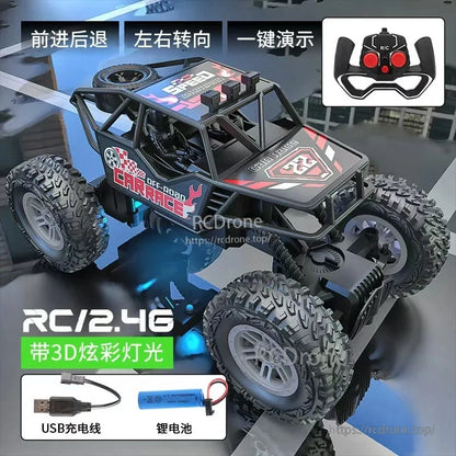 RC Car, A remote-controlled off-road buggy with rubber tires and LED lights, featuring 4-channel control and rechargeable lithium battery.
