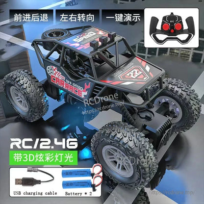 RC Car, The RC car off-road buggy has rubber tires, LED lights, and a 4-channel remote control, powered by a rechargeable lithium battery.
