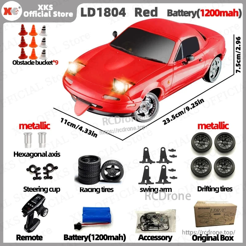 1/18 scale Red RC car with 2.4G control, ESP, LED lights, 7.4V battery (30-min runtime), includes tires, parts, remote, and box.