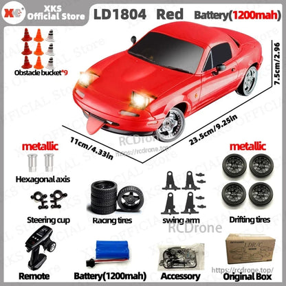 1/18 scale Red RC car with 2.4G control, ESP, LED lights, 7.4V battery (30-min runtime), includes tires, parts, remote, and box.
