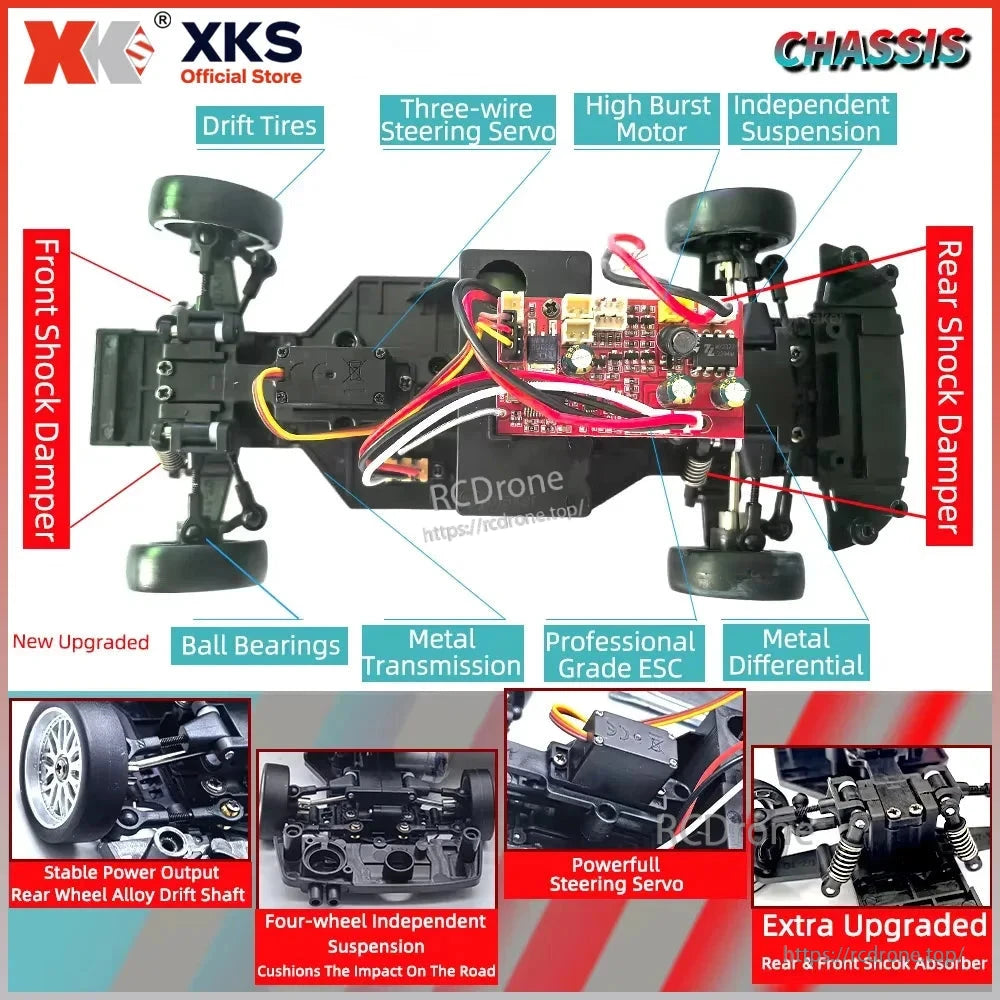XKS RC chassis with drift tires, high-performance motor, independent suspension, metal transmission, professional ESC, and upgraded shock absorbers for enhanced drifting and control.