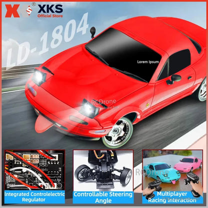 XKS LD-1804 1/18 scale 2WD RC car with 2.4G control, ESP, LED lights, 7.4V battery, 30-minute runtime, integrated controller, adjustable steering, ideal for multiplayer racing.