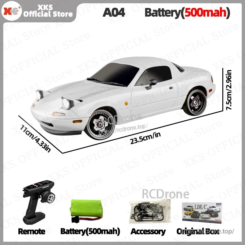 XKS A04 1/18 scale 2WD RC car with 2.4G remote, LED lights, ESP, 500mAh battery, 30-min runtime; includes accessories and box. (23.5x11x7.5cm)