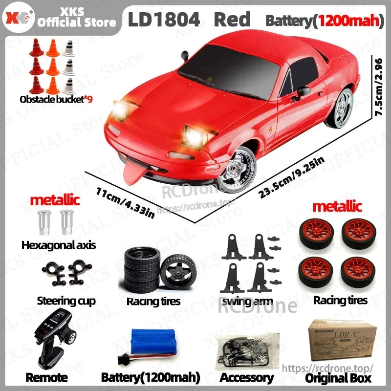 Red 1200mAh RC car with LED lights, ESP, 2.4G control, racing tires, and obstacles. Durable, high-performance design for indoor/outdoor use. Includes accessories and box. (25 words)
