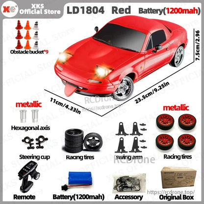 Red 1200mAh RC car with LED lights, ESP, 2.4G control, racing tires, and obstacles. Durable, high-performance design for indoor/outdoor use. Includes accessories and box. (25 words)