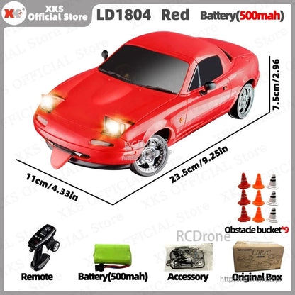 Red XKS LD1804 RC car with 2.4G remote, LED lights, 500mAh battery, accessories, obstacle cones, and original box. Dimensions: 23.5cm x 11cm x 7.5cm.