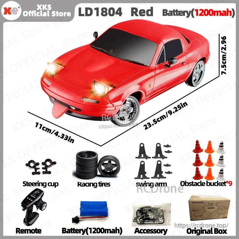 1/18 scale Red RC car with 2.4G remote, LED lights, 7.4V battery (30-min runtime), ESP, and accessories. Includes box, dimensions: 23.5x11x7.5cm.