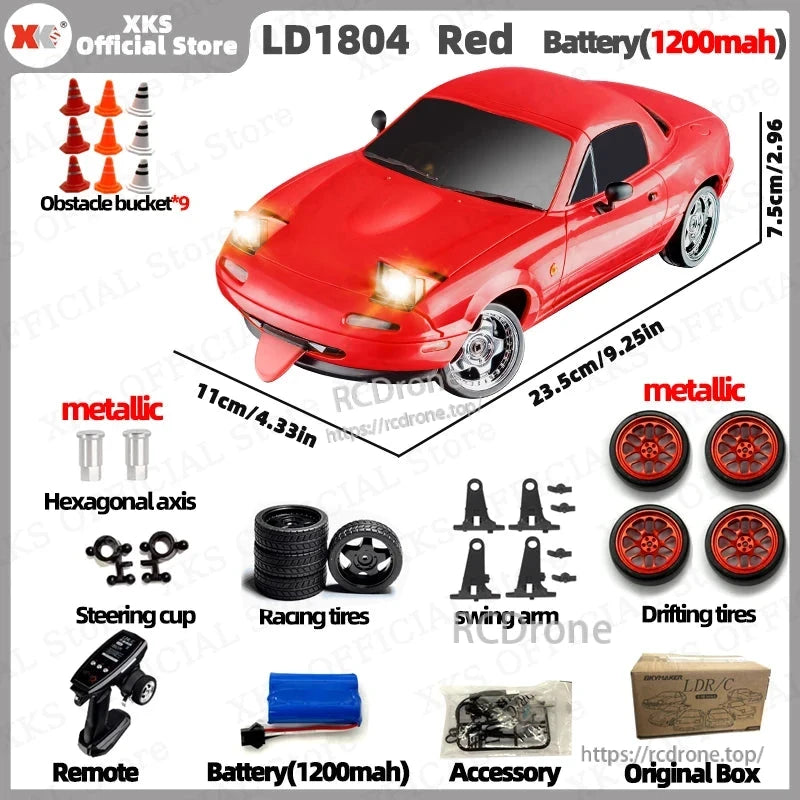 1/18 scale Red RC car with 2.4G, ESP, LED lights, 7.4V battery, 30-min runtime. Includes accessories, tires, and box.