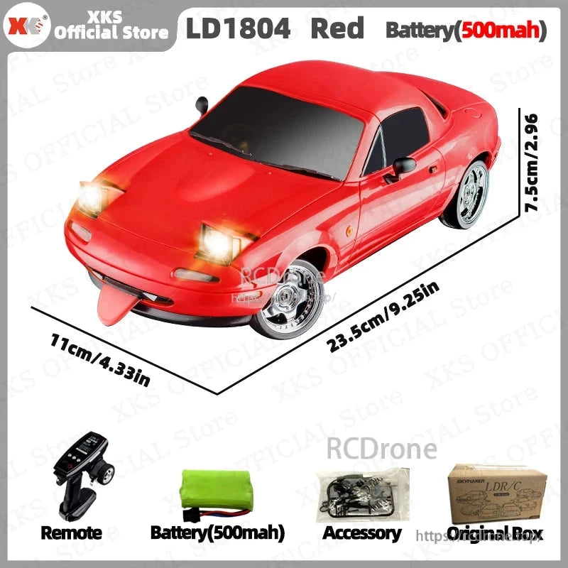 XKS LD1804 red RC car with 2.4G 2WD, LED lights, remote, 500mAh battery, accessories, original box; dimensions: 23.5cm x 11cm x 7.5cm.