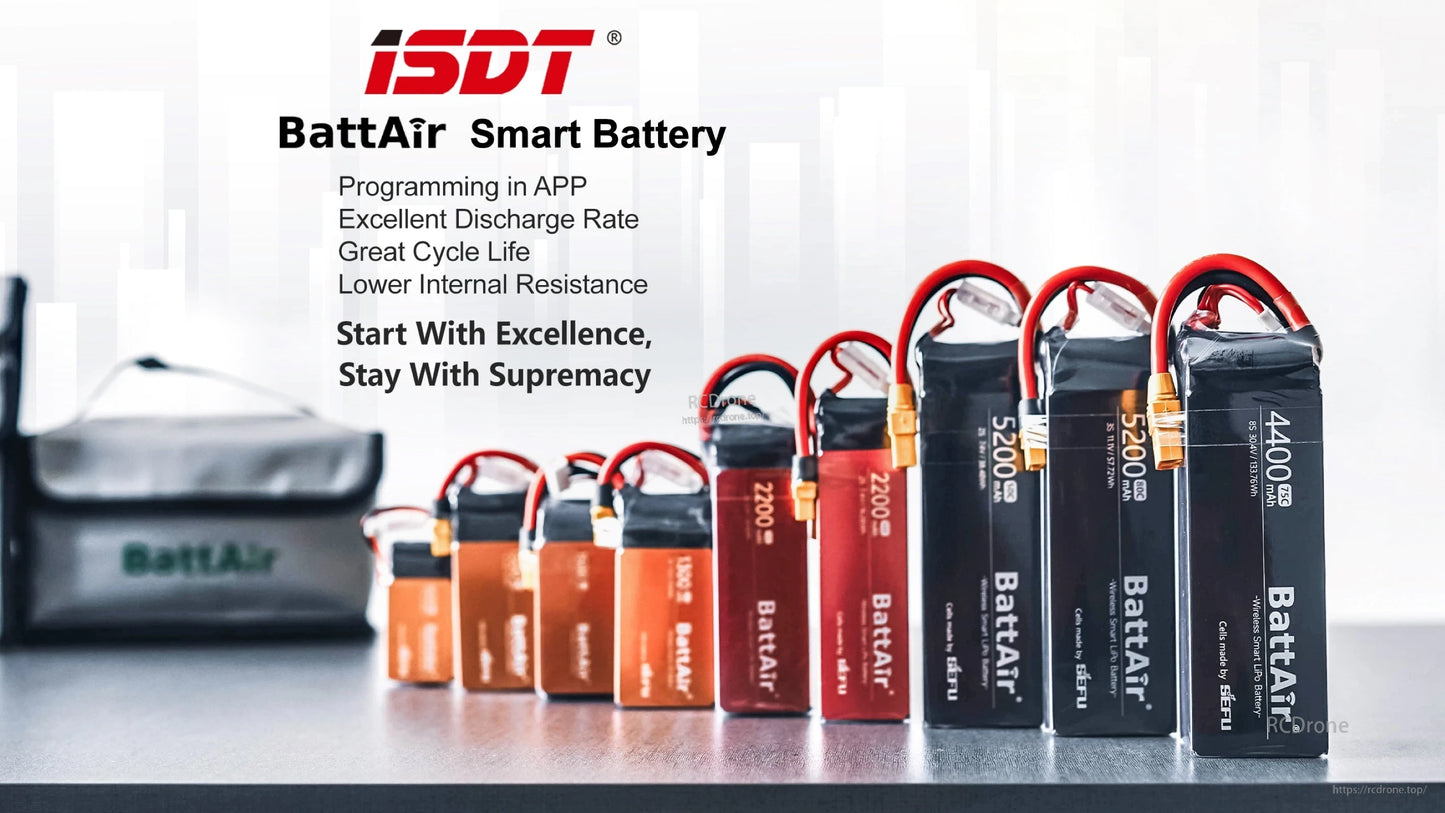 ISDT BattAir smart RC LiPo battery packs lineup with XT60 leads, in sizes marked 2200, 4400 and 5200mAh