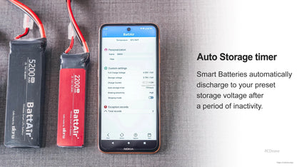 RC LiPo Battery, BattAir smart RC LiPo batteries (2S 7.4V 5200mAh and 2200mAh) beside a phone app with auto storage timer