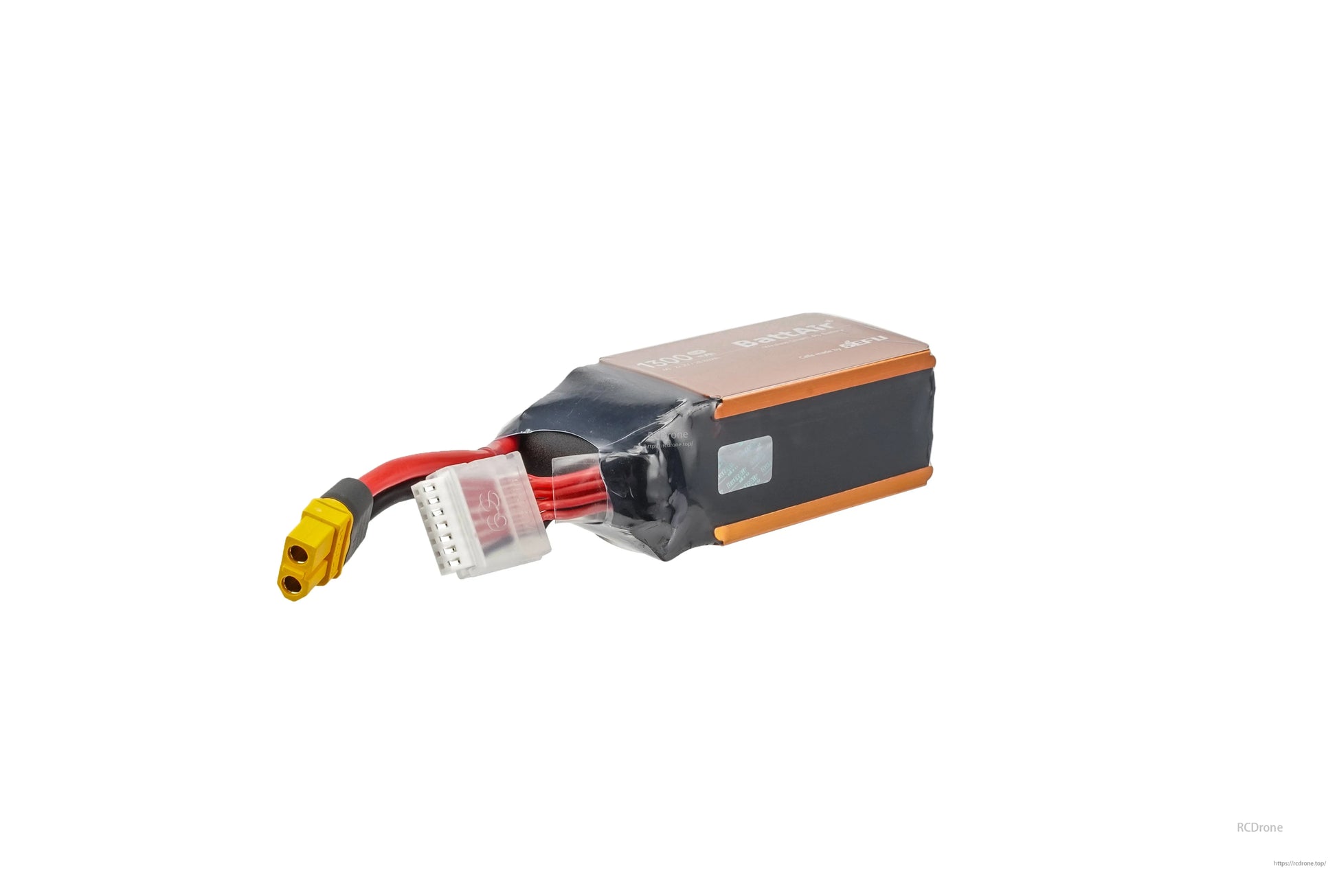 RC LiPo battery pack with yellow XT60 power connector and white balance plug on red silicone leads