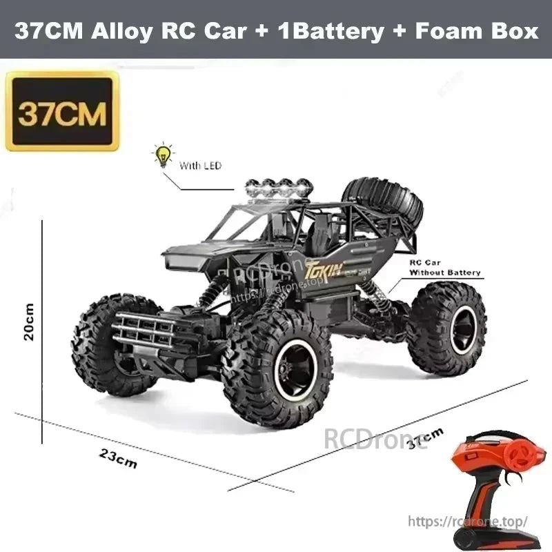 RC Off-Road Truck 1/12 4WD Alloy Climbing Car, 37CM alloy RC car with LED lights, 2.4GHz remote, dual motors, 4WD, 20km/h speed, 45° climbing, includes battery and foam box.