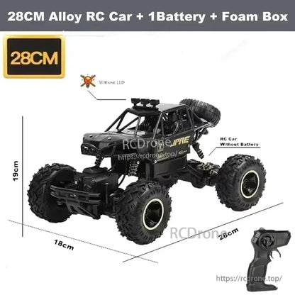 RC Off-Road Truck 1/12 4WD Alloy Climbing Car, 28cm RC car: 4WD, dual motors, 2.4GHz remote, 20km/h speed, 45° climbing, alloy body, no LED. Includes 1 battery and foam box. Dimensions 28x18x19cm.