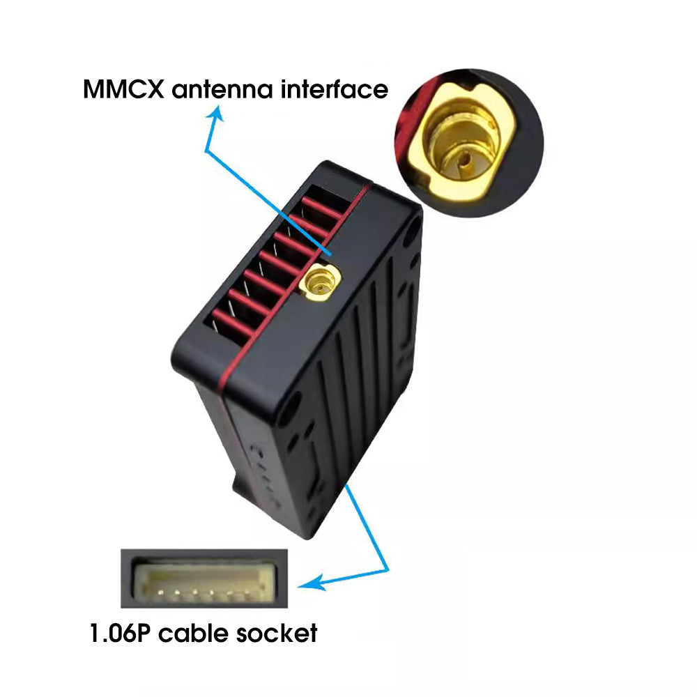 RCDrone 5.8G 4W 48CH VTX, RCDrone 5.8GHz transmitter has built-in fan and heat sink for long-range drone use, featuring MMCX antenna interface and 1.06P cable socket.