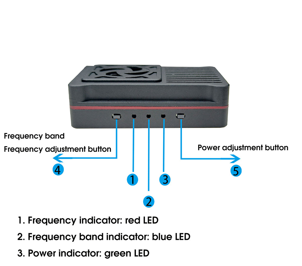 RCDrone 5.8G 4W 48CH VTX, The RCDrone 5.8G features a heat sink fan for long-range use, with adjustable frequency and power, and indicator LEDs.