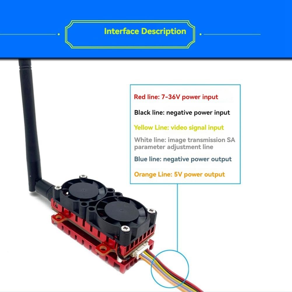 RCDrone 5.8G 5W 48CH VTX, The RCDrone 5.8G VTX has an interface with colors indicating power input, video signal, image transmission, and power output.