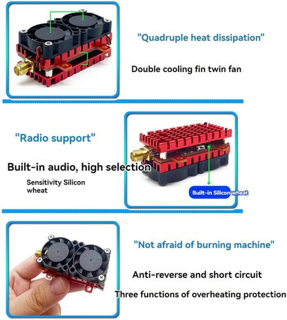 RCDrone 5.8G 5W 48CH VTX, Quad heat dissipation, double cooling fin, twin fan, radio control support, waterproofing, and multiple protections for safe operation.