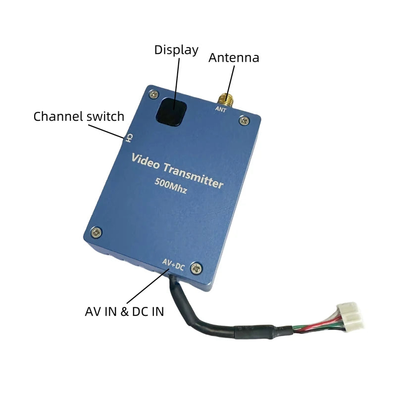 RCDrone 500Mhz 2W 8CH VTX, Display antenna with channel switch for AV input and DC input video transmitter operating at 500 MHz frequency.