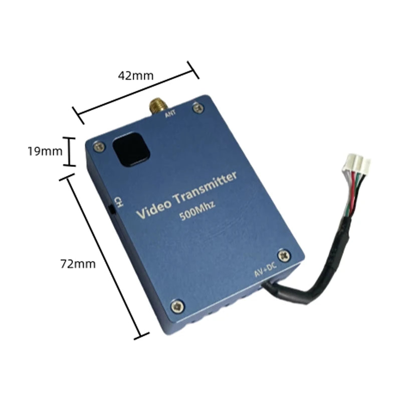 RCDrone 500MHz 2W 8CH VTX transmitter for video transmission, measures 42mm x 19mm and has a total length of 72mm.