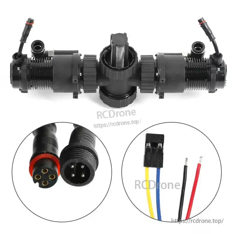 RCDrone 5820 12-18S Dual Water Pump, RCDrone dual water pump assembly with two inline pumps, central mount, and 4‑pin waterproof connectors and wiring plug