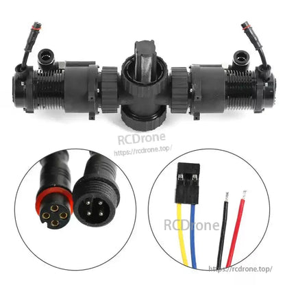 RCDrone 5820 12-18S Dual Water Pump, RCDrone dual water pump assembly with two inline pumps, central mount, and 4‑pin waterproof connectors and wiring plug