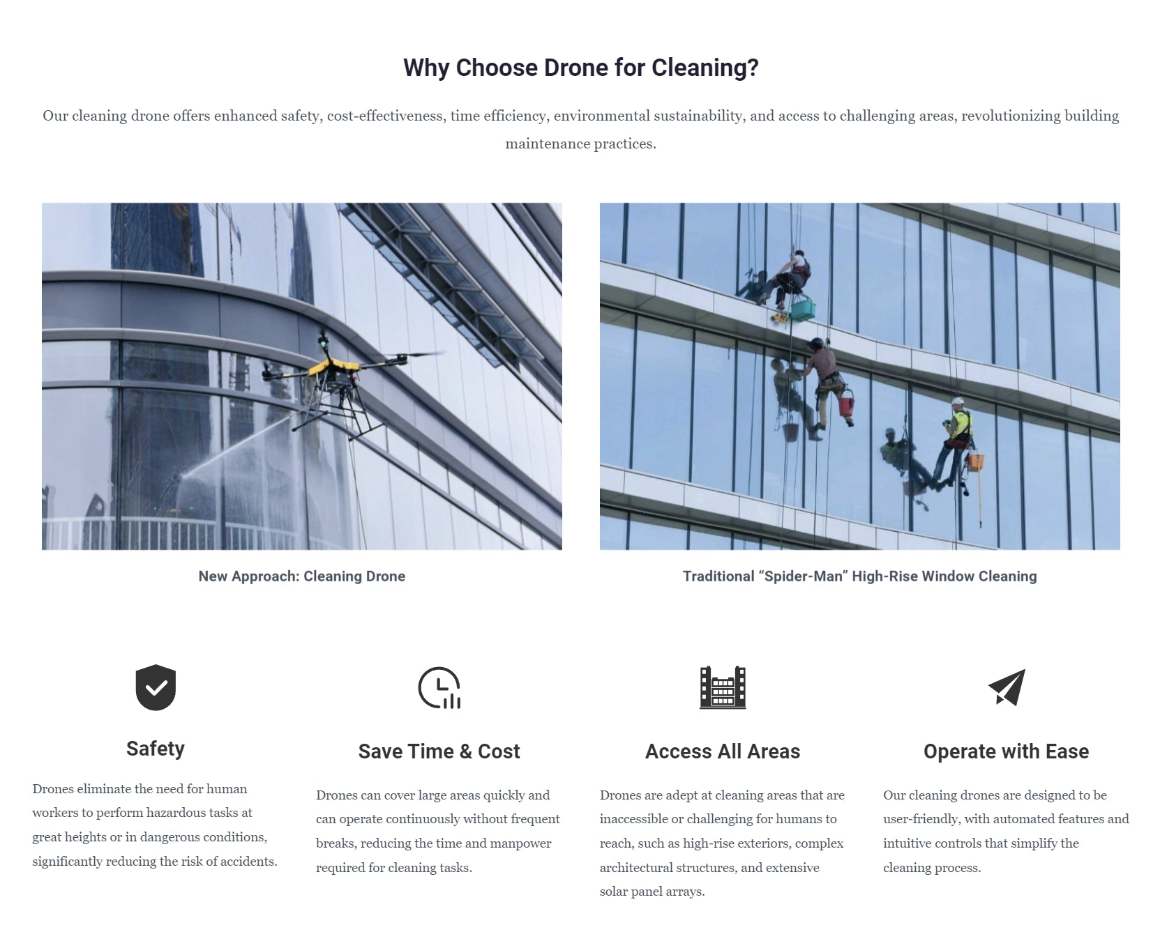 RCDrone, Our cleaning drone offers enhanced safety, cost-effectiveness, and time efficiency for building maintenance, revolutionizing traditional methods.