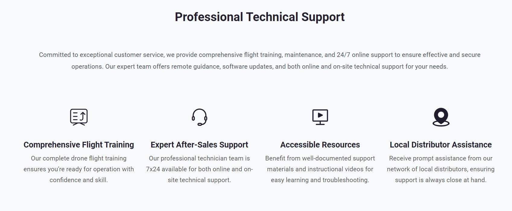 RCDrone, Professional technical support committed to exceptional customer service, offering comprehensive training, maintenance, and online support.