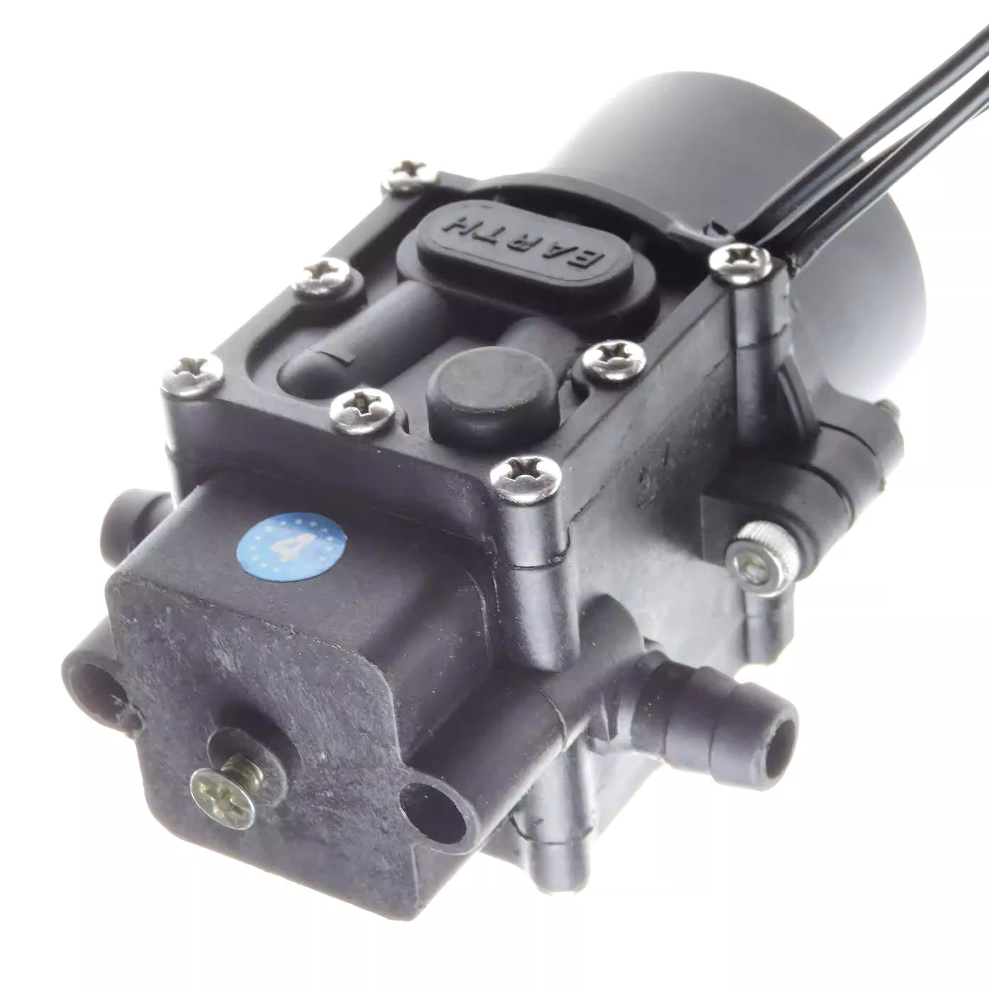RCDrone DF 24V/48-58.8V Brushless Water Pump, RCDrone DF brushless water pump with black housing, hose barb inlet/outlet ports, and attached power leads