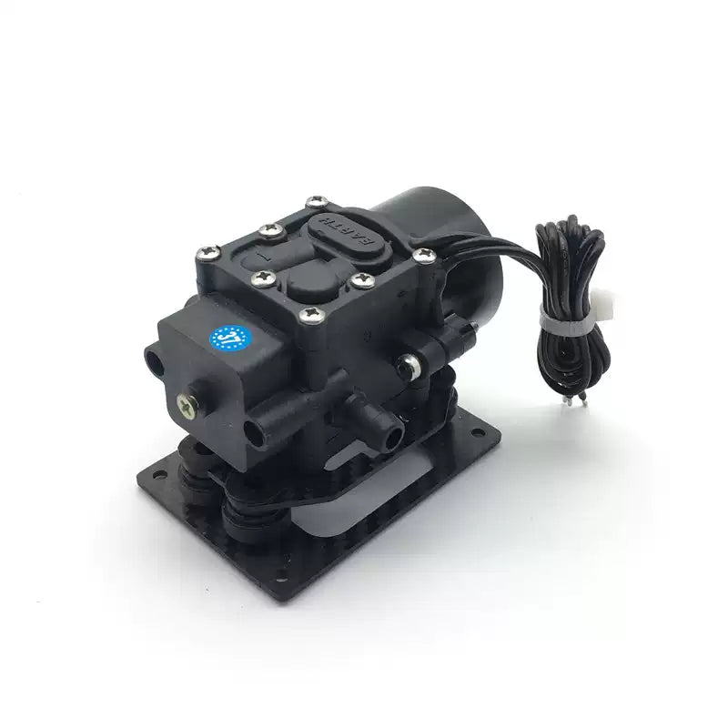 RCDrone DF 24V/48-58.8V Brushless Water Pump, RCDrone DF brushless water pump with mounting base, hose barb inlet/outlet ports, and wired power lead