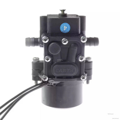 RCDrone DF 24V/48-58.8V Brushless Water Pump, RCDrone brushless water pump with dual hose barbs, screw-mounted head, and attached power leads, black housing