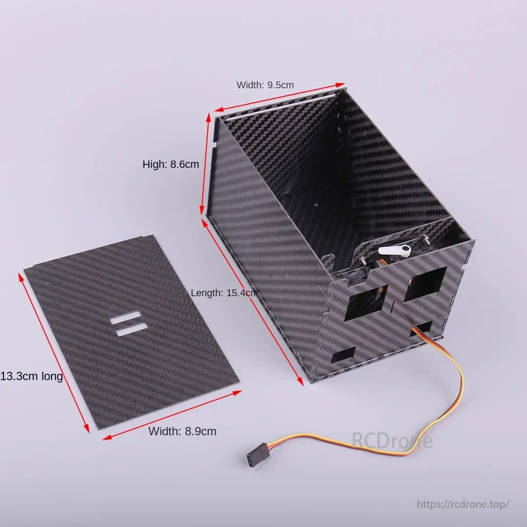 RCDrone Drone Parachute, Carbon fiber box dimensions: 15.4cm x 9.5cm x 8.6cm (length x width x height).