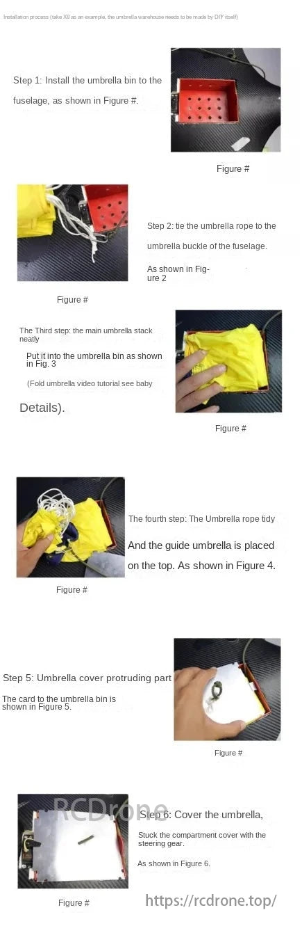 RCDrone Drone Parachute, Install by attaching the umbrella bin to the fuselage, securing the rope, placing the umbrella, tidying ropes, adding the guide umbrella, covering with a card, and closing with the steering gear.