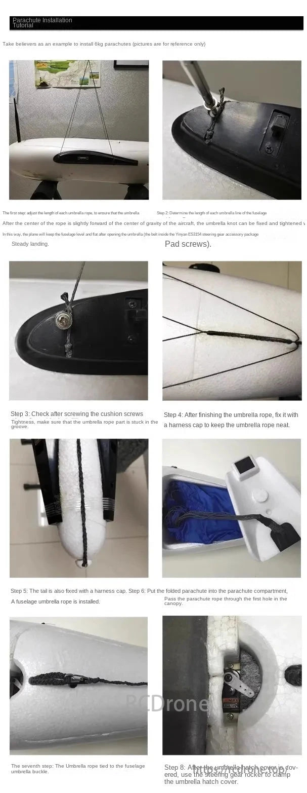 RCDrone Drone Parachute, Adjust parachute ropes for balance, secure with screws and caps, install in compartment, pass rope through hole, and clamp cover.