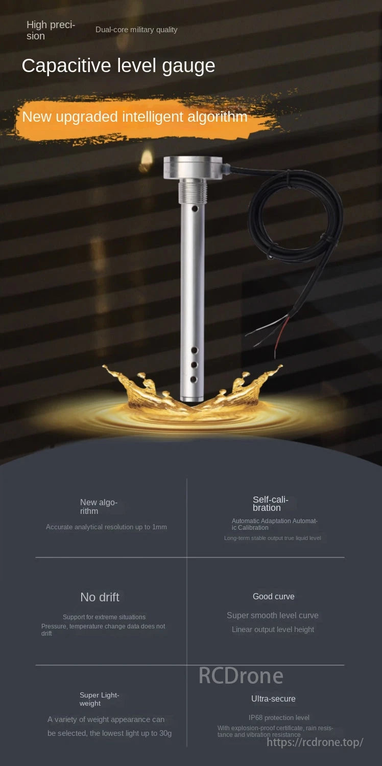 RCDrone FLS01 Capacitive Fuel Level Sensor, RCDrone FLS01 is a high-precision, lightweight fuel level sensor for drones with intelligent algorithms, self-calibration, IP68 protection, and resistance to explosions, rain, and vibrations.