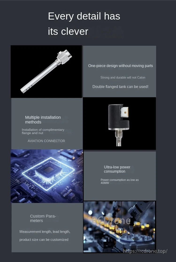RCDrone FLS01 Capacitive Fuel Level Sensor, RCDrone FLS01: Durable, low-power (40mW) drone sensor with customizable parameters, tank compatibility, and one-piece design.