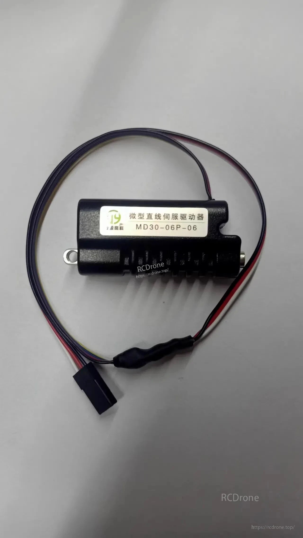 MD30-06P-06 micro linear servo: 30mm stroke, 0.1mm precision, 6–20mm/s speed, PWM/LV-TTL/RS485 control, IP23 rated.