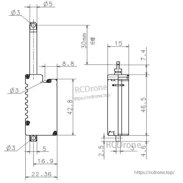 Micro linear servo actuator: 30mm stroke, 0.1mm precision, 6–20mm/s speed, IP23 rated.