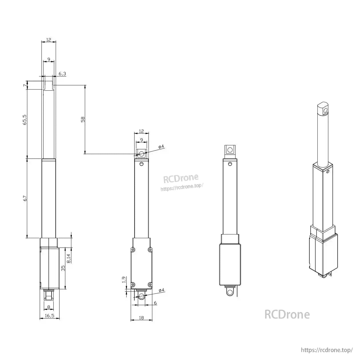 Mini linear actuator with 12V, 40–60N force, multiple stroke options